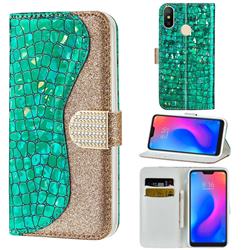Glitter Diamond Buckle Laser Stitching Leather Wallet Phone Case for Xiaomi Mi A2 Lite (Redmi 6 Pro) - Green