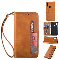 Retro Calfskin Zipper Leather Wallet Case Cover for Mi Xiaomi Redmi 7 - Brown