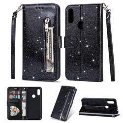 Glitter Shine Leather Zipper Wallet Phone Case for Mi Xiaomi Redmi 7 - Black