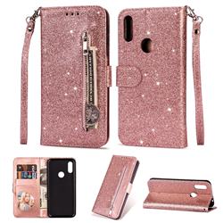 Glitter Shine Leather Zipper Wallet Phone Case for Mi Xiaomi Redmi 7 - Pink