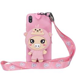 Pink Pig Neck Lanyard Zipper Wallet Silicone Case for Mi Xiaomi Redmi 7A
