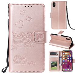 Embossing Owl Couple Flower Leather Wallet Case for Mi Xiaomi Redmi 7A - Rose Gold