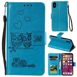 Embossing Owl Couple Flower Leather Wallet Case for Mi Xiaomi Redmi 7A - Blue