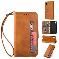 Retro Calfskin Zipper Leather Wallet Case Cover for Mi Xiaomi Redmi 7A - Brown
