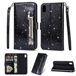 Glitter Shine Leather Zipper Wallet Phone Case for Mi Xiaomi Redmi 7A - Black