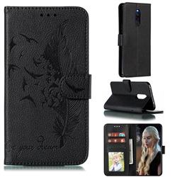 Intricate Embossing Lychee Feather Bird Leather Wallet Case for Mi Xiaomi Redmi 8 - Black
