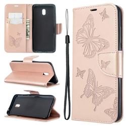 Embossing Double Butterfly Leather Wallet Case for Mi Xiaomi Redmi 8A - Rose Gold