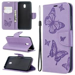 Embossing Double Butterfly Leather Wallet Case for Mi Xiaomi Redmi 8A - Purple