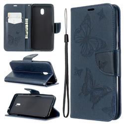 Embossing Double Butterfly Leather Wallet Case for Mi Xiaomi Redmi 8A - Dark Blue