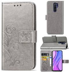 Embossing Imprint Four-Leaf Clover Leather Wallet Case for Xiaomi Redmi 9 - Grey