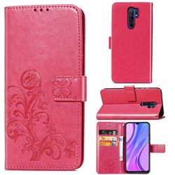 Embossing Imprint Four-Leaf Clover Leather Wallet Case for Xiaomi Redmi 9 - Rose Red