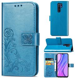 Embossing Imprint Four-Leaf Clover Leather Wallet Case for Xiaomi Redmi 9 - Blue