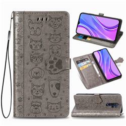 Embossing Dog Paw Kitten and Puppy Leather Wallet Case for Xiaomi Redmi 9 - Gray