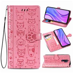 Embossing Dog Paw Kitten and Puppy Leather Wallet Case for Xiaomi Redmi 9 - Pink