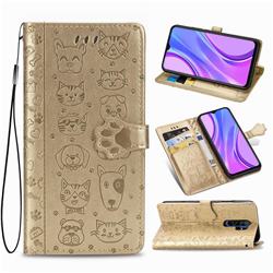 Embossing Dog Paw Kitten and Puppy Leather Wallet Case for Xiaomi Redmi 9 - Champagne Gold