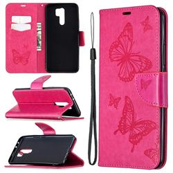 Embossing Double Butterfly Leather Wallet Case for Xiaomi Redmi 9 - Red