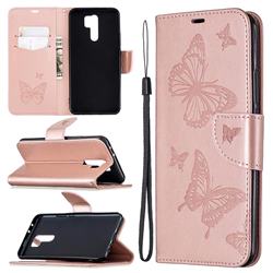 Embossing Double Butterfly Leather Wallet Case for Xiaomi Redmi 9 - Rose Gold