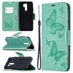 Embossing Double Butterfly Leather Wallet Case for Xiaomi Redmi 9 - Green