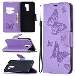 Embossing Double Butterfly Leather Wallet Case for Xiaomi Redmi 9 - Purple
