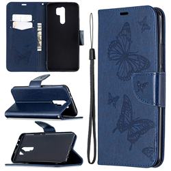 Embossing Double Butterfly Leather Wallet Case for Xiaomi Redmi 9 - Dark Blue
