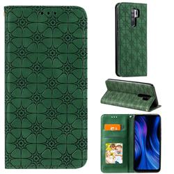 Intricate Embossing Four Leaf Clover Leather Wallet Case for Xiaomi Redmi 9 - Blackish Green
