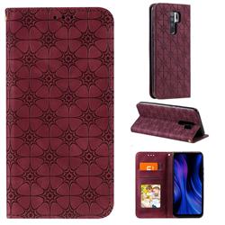 Intricate Embossing Four Leaf Clover Leather Wallet Case for Xiaomi Redmi 9 - Claret