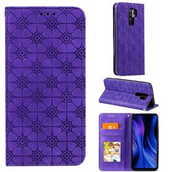 Intricate Embossing Four Leaf Clover Leather Wallet Case for Xiaomi Redmi 9 - Purple