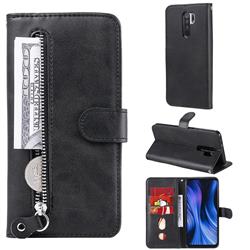 Retro Luxury Zipper Leather Phone Wallet Case for Xiaomi Redmi 9 - Black