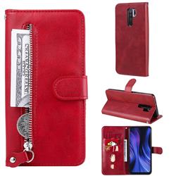 Retro Luxury Zipper Leather Phone Wallet Case for Xiaomi Redmi 9 - Red