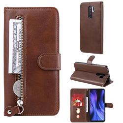 Retro Luxury Zipper Leather Phone Wallet Case for Xiaomi Redmi 9 - Brown