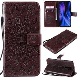 Embossing Sunflower Leather Wallet Case for Xiaomi Redmi 9 - Brown