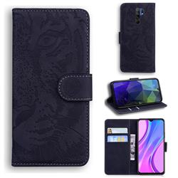 Intricate Embossing Tiger Face Leather Wallet Case for Xiaomi Redmi 9 - Black