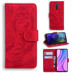 Intricate Embossing Tiger Face Leather Wallet Case for Xiaomi Redmi 9 - Red
