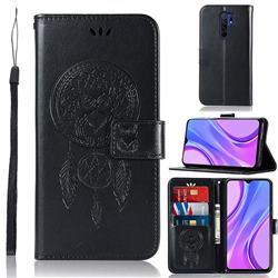 Intricate Embossing Owl Campanula Leather Wallet Case for Xiaomi Redmi 9 - Black