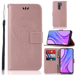 Intricate Embossing Owl Campanula Leather Wallet Case for Xiaomi Redmi 9 - Rose Gold