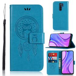 Intricate Embossing Owl Campanula Leather Wallet Case for Xiaomi Redmi 9 - Blue