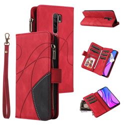 Luxury Two-color Stitching Multi-function Zipper Leather Wallet Case Cover for Xiaomi Redmi 9 - Red