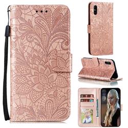 Intricate Embossing Lace Jasmine Flower Leather Wallet Case for Xiaomi Redmi 9A - Rose Gold