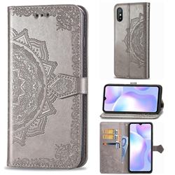Embossing Imprint Mandala Flower Leather Wallet Case for Xiaomi Redmi 9A - Gray