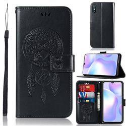 Intricate Embossing Owl Campanula Leather Wallet Case for Xiaomi Redmi 9A - Black