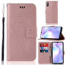 Intricate Embossing Owl Campanula Leather Wallet Case for Xiaomi Redmi 9A - Rose Gold