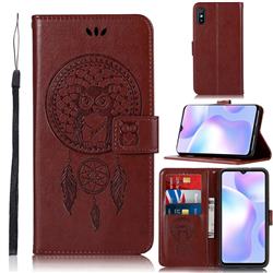 Intricate Embossing Owl Campanula Leather Wallet Case for Xiaomi Redmi 9A - Brown