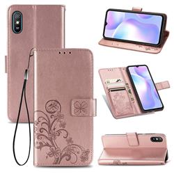 Embossing Imprint Four-Leaf Clover Leather Wallet Case for Xiaomi Redmi 9A - Rose Gold