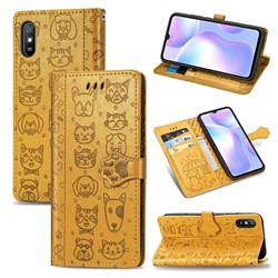 Embossing Dog Paw Kitten and Puppy Leather Wallet Case for Xiaomi Redmi 9A - Yellow