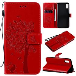 Embossing Butterfly Tree Leather Wallet Case for Xiaomi Redmi 9A - Red