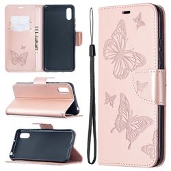 Embossing Double Butterfly Leather Wallet Case for Xiaomi Redmi 9A - Rose Gold