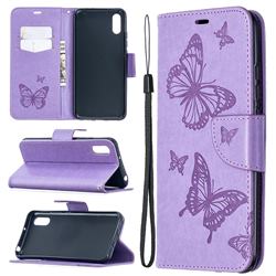 Embossing Double Butterfly Leather Wallet Case for Xiaomi Redmi 9A - Purple
