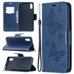 Embossing Double Butterfly Leather Wallet Case for Xiaomi Redmi 9A - Dark Blue