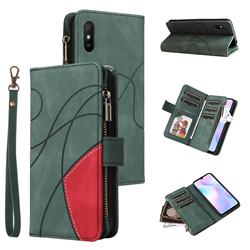 Luxury Two-color Stitching Multi-function Zipper Leather Wallet Case Cover for Xiaomi Redmi 9A - Green