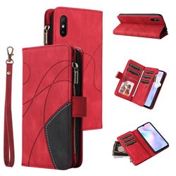 Luxury Two-color Stitching Multi-function Zipper Leather Wallet Case Cover for Xiaomi Redmi 9A - Red